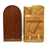 Vintage boxed Corinthian bagatelle board, contents unchecked
