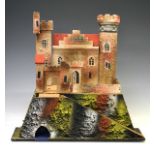 Vintage wooden painted child's play set castle, with box base, base 43cm long x 30cm wide