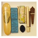 Group of collectables to include; Mauchlinware spectacles case with printed view of Ilfracombe,