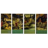 Angling Interest - Set of four reproduction reverse printed glass pictures of angling scenes, in