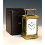 Early 20th Century brass-cased carriage clock, cream Arabic dial, two-train movement with lever