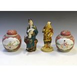 Two modern Chinese porcelain ginger jars, together with two Japanese-style figurines (4)