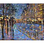 Paul Stephens - Oil on board - Christmas on Oxford Street, London, signed, 24.5cm x 29.5cm, framed