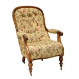 Victorian mahogany framed open arm chair having button back apple and foliage upholstery