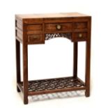 Oriental hardwood dressing table having hinged top opening to reveal a mirror and two side hinged