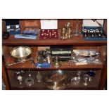 Large selection of silver-plated and other metal items to include; cased spoons, cake basket,