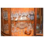 Assorted glassware to include; pedestal comport or cakestand, coloured tumblers, etc