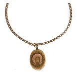 Unmarked yellow metal belcher-link necklace with oval locket, 9.4g gross approx