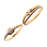 Two yellow metal dress rings, one set small diamond brilliants, each stamped 18ct or 750, size M and