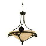 Vintage ceiling light of plafonnier design with green-stained metal frame and hanging support, the