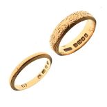 Two 18ct gold wedding bands, size M½ and N½ respectively, 8.1g approx (2)