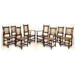 Set of eight early 20th Century stained beech Carolean style armchairs having caned back and hard