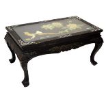 Oriental lacquer and carved hardstone inlaid rectangular coffee table fitted glass top raised on