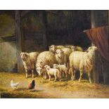 (Modern) - Oil on canvas - Sheep and lambs in a stable, 49.5cm x 59.5cm, in a gilt frame