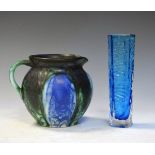 Swedish pottery jug with green and blue drip glazes, 13.5cm high, together with a Boda glass