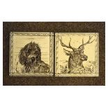 Two Minton Hollins & Co Patent Tile Works tiles having printed decoration of a stag and a