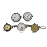 Five various early to mid 20th Century silver wristwatch heads, one with partially strap (5)