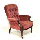 Victorian walnut scroll arm chair having button back dark pink upholstery