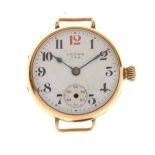 Crown USA - Lady's yellow metal wristwatch head, white Arabic dial with subsidiary at 6, red 12,