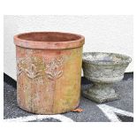 Large terracotta garden pot, 48cm high, and a similar composite stone urn, 32cm high