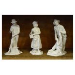 Three 20th Century porcelain figures of rural workers, glazed but unpainted, unmarked, 20cm high (3)