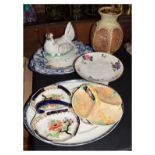 Assorted ceramics to include; pottery hen on nest, blue transfer-printed meat plate, entrée