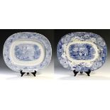 Two 19th Century blue transfer printed pottery meat plates, one with figures dancing before a