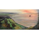 Dennis Lewis - Oil on canvas - View of Clevedon coastline, 43cm x 84cm, framed