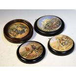 Four Victorian Pratt ware pot lids comprising: The Sportsman, New York 1853, Hide & Seek, and I