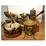 Assorted metal work and other collectables to include; brass spirit kettle on stand, copper