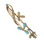 Yellow metal, seed pearl and turquoise floral spray brooch stamped 9ct, 2.2g gross approx, cased