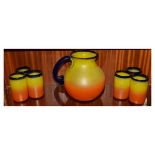 French-style glass lemonade set of jug and six tumblers, the jug 22cm high