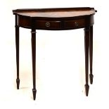 Reproduction mahogany finish demi-lune side table fitted one drawer, 75cm wide