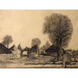 Early 20th Century English School - Charcoal sketch - Study of a farmyard scene, 29cm x 37.5cm,
