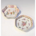 Two late 18th Century porcelain teapot stands of hexagonal design, one decorated in the Famille Rose