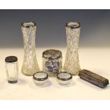 Collection of silver top dressing jars, silver mounted bud vases etc