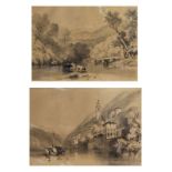 Pair of late 19th Century monochrome and gouache prints, Lake Como and pastoral scene, 26.5cm x 38.