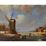 Raymond Campbell (b. 1936) - Oil on board - Dutch winter scene with windmill and figures on a frozen