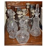 Group of lead crystal and other glass decanters, plated candelabrum etc