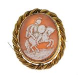 Large shell cameo brooch carved with a Roman soldier on rearing horse, within rope-twist surround,