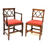 19th Century ash open arm elbow chair and similar standard chair having red drop-in seats