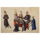 Chinese rice paper painting depicting six court figures around a table, 19.5cm x 27.5cm, framed