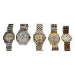 Seiko - Five assorted wristwatches to include a Chronograph 100m, three subsidiary dials and date at