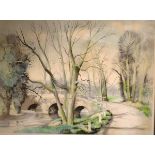 Hilda Chancellor Pope - Colour print - Three arched bridge, 38cm x 54cm, signed in pencil, framed
