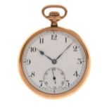 9ct gold open face pocket watch, white Arabic dial with subsidiary at 6, top wound movement marked