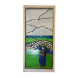 Early to mid 20th Century stained glass window depicting a figure before a stone bridge, 47cm x