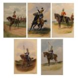 R. Moore - Set of five watercolour studies of Cavalry Officers, 5th Lancers, Polish Lancers,