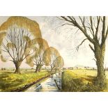 Michael Stewart - Pen and ink and watercolour - Sun on the levels (Somerset), signed and dated 18.