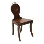 19th Century mahogany hall seat, the back having brass loop handle surmount, on sabre legs