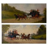 Pair of 20th Century oils on board - Coaching scenes, 16.5cm x 36cm, framed